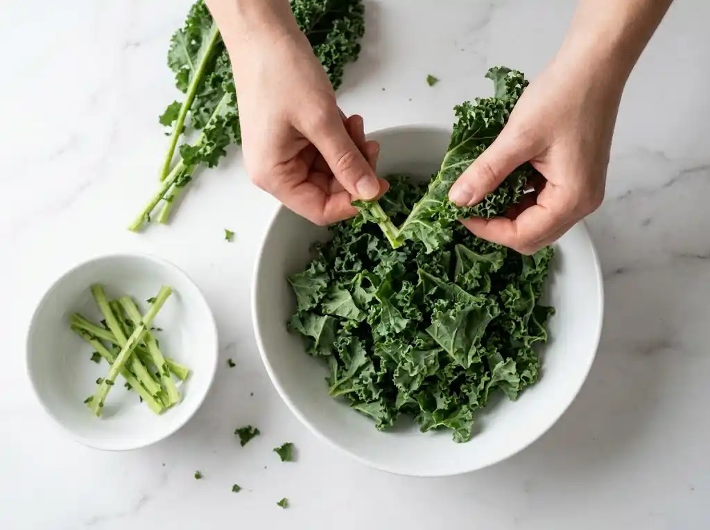 Hands tearing fresh kale leaves from the stems into a white bowl to prepare air fryer kale chips
