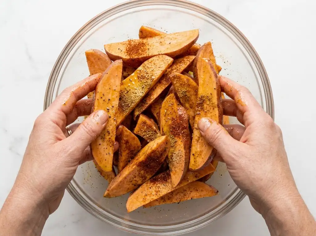 step2 Air Fryer Sweet Potato Wedges A person's hands are mixing raw sweet potato wedges in a glass bowl, coating them with a spice blend of paprika, salt, and pepper. A key preparation step for flavorful side dishes.