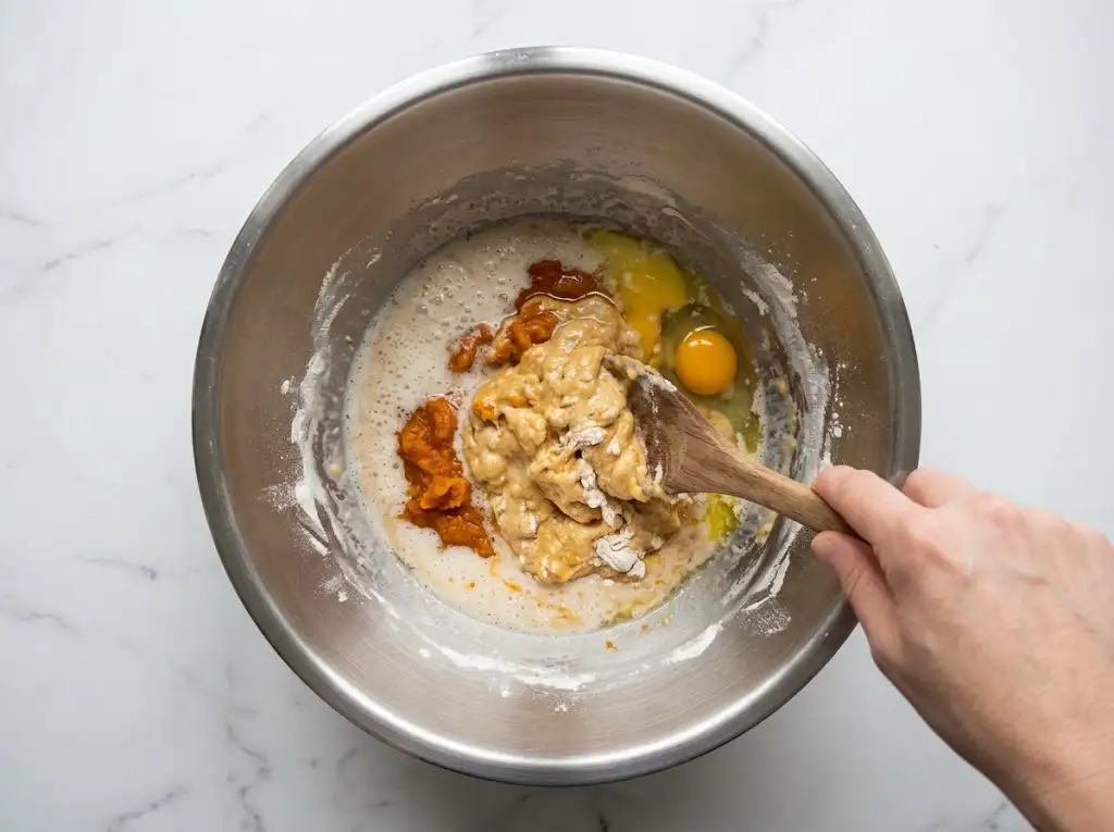 Mixing pumpkin puree, flour, and other wet ingredients for pumpkin cinnamon rolls by hand with a wooden spoon.