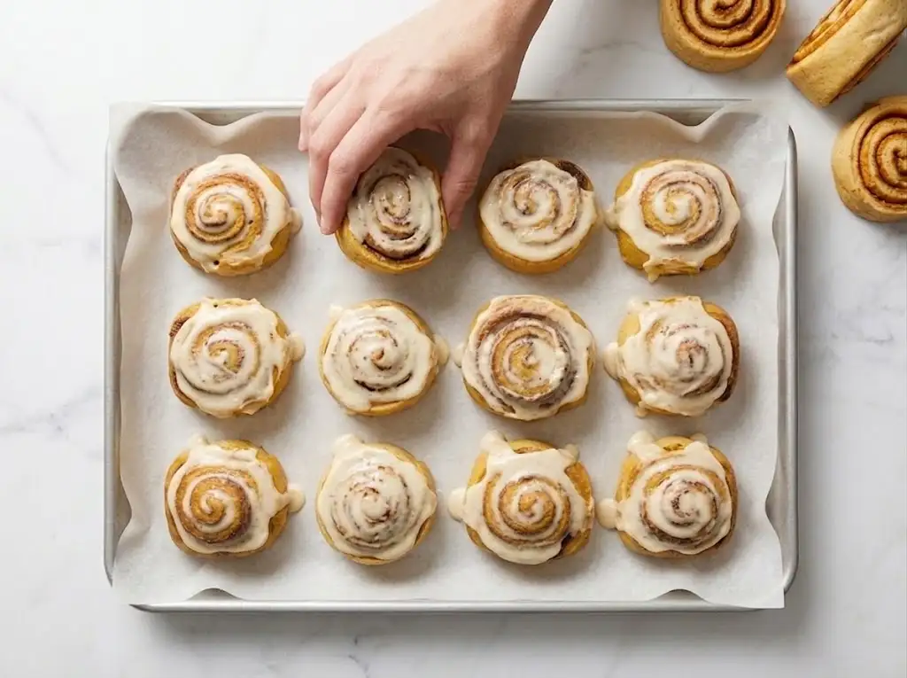 step21 Sourdough Pumpkin Cinnamon Rolls A final baking pan of golden-baked sourdough pumpkin cinnamon rolls topped with melting glaze.
