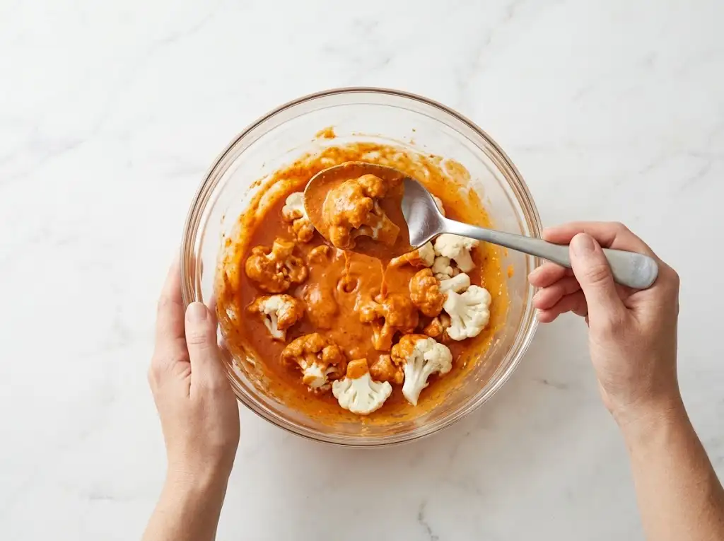 step3 Air Fryer Buffalo Cauliflower Tossing raw cauliflower florets in spicy buffalo batter in a glass mixing bowl to coat them evenly before air frying.