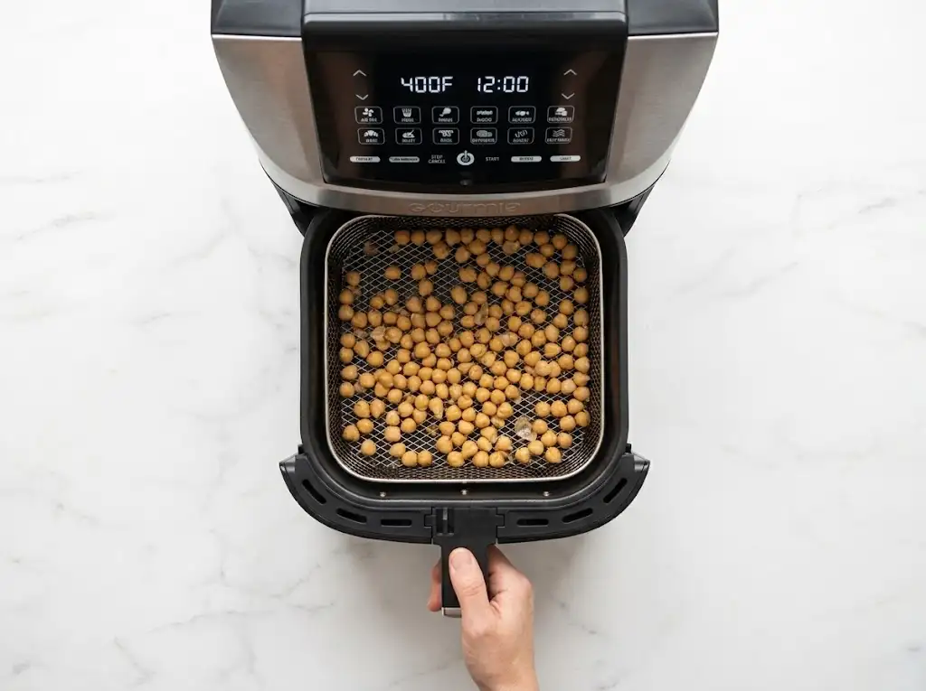 step3 Air Fryer Chickpeas A hand sliding an air fryer basket filled with a single layer of seasoned chickpeas into the air fryer to cook.