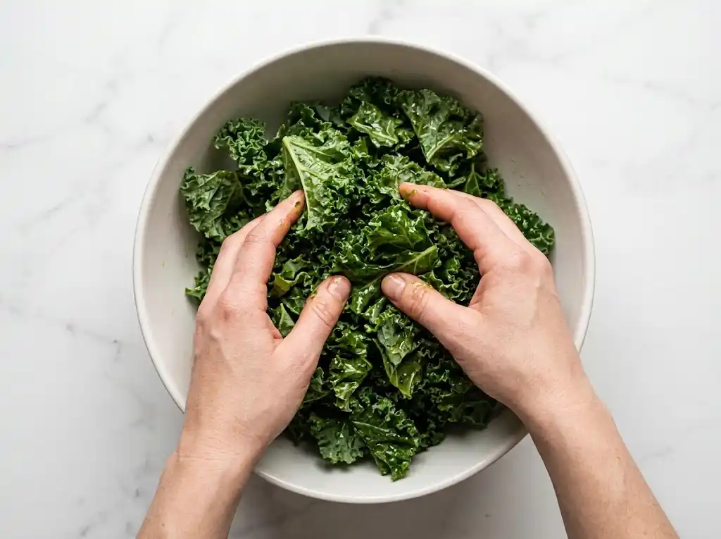 Massaging oil and seasonings into raw leaves in a white bowl for air fryer kale chips