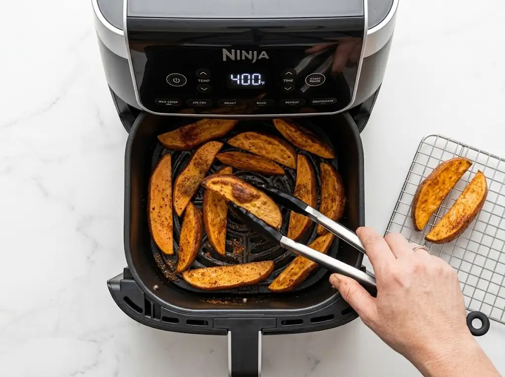 step3 Air Fryer Sweet Potato Wedges Top-down view of seasoned sweet potato wedges cooking inside the basket of an air fryer (e.g., Ninja air fryer) set to 400°F. A hand uses tongs to flip or check the wedges. Perfect for crispy, healthy fries.
