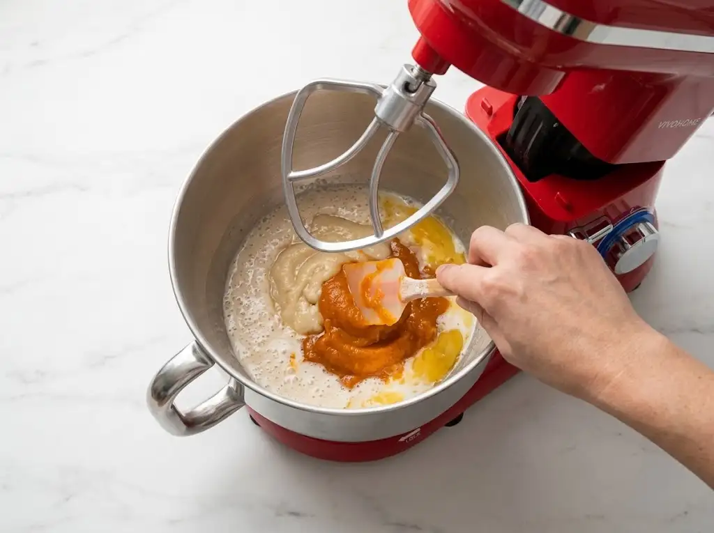 step3 Sourdough Pumpkin Cinnamon Rolls Adding wet ingredients and pumpkin puree to the mixing bowl for sourdough pumpkin cinnamon rolls.