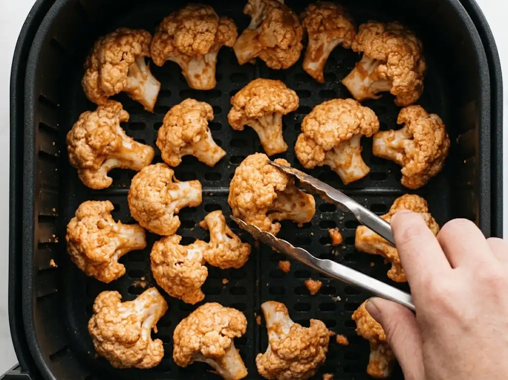 step4 Air Fryer Buffalo Cauliflower Using metal tongs to flip partially cooked buffalo cauliflower florets in a black air fryer basket.