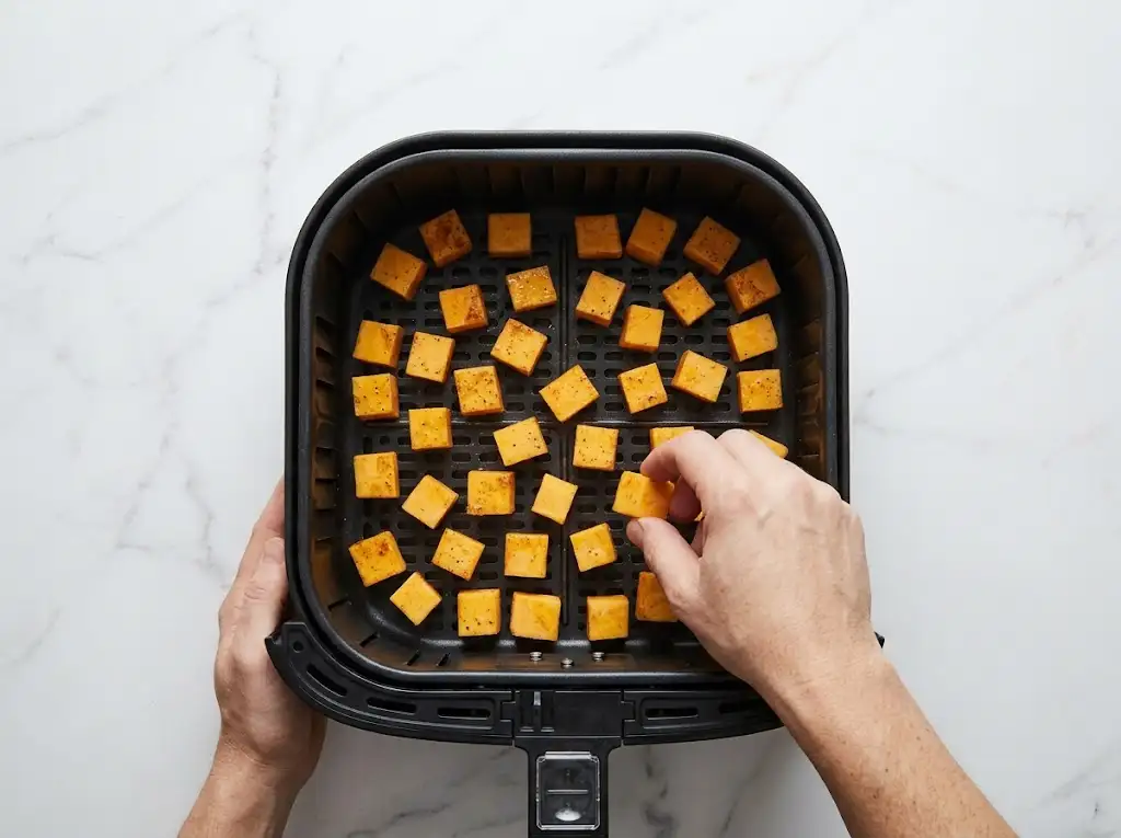 Arranging seasoned squash cubes in a single layer inside the basket to make air fryer butternut squash