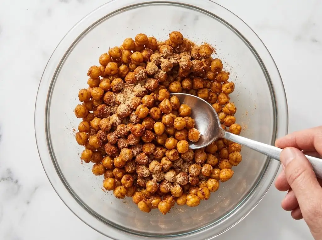 step4 Air Fryer Chickpeas Stirring hot, freshly cooked air fryer chickpeas in a glass bowl with a spoon to coat them in ground spices.