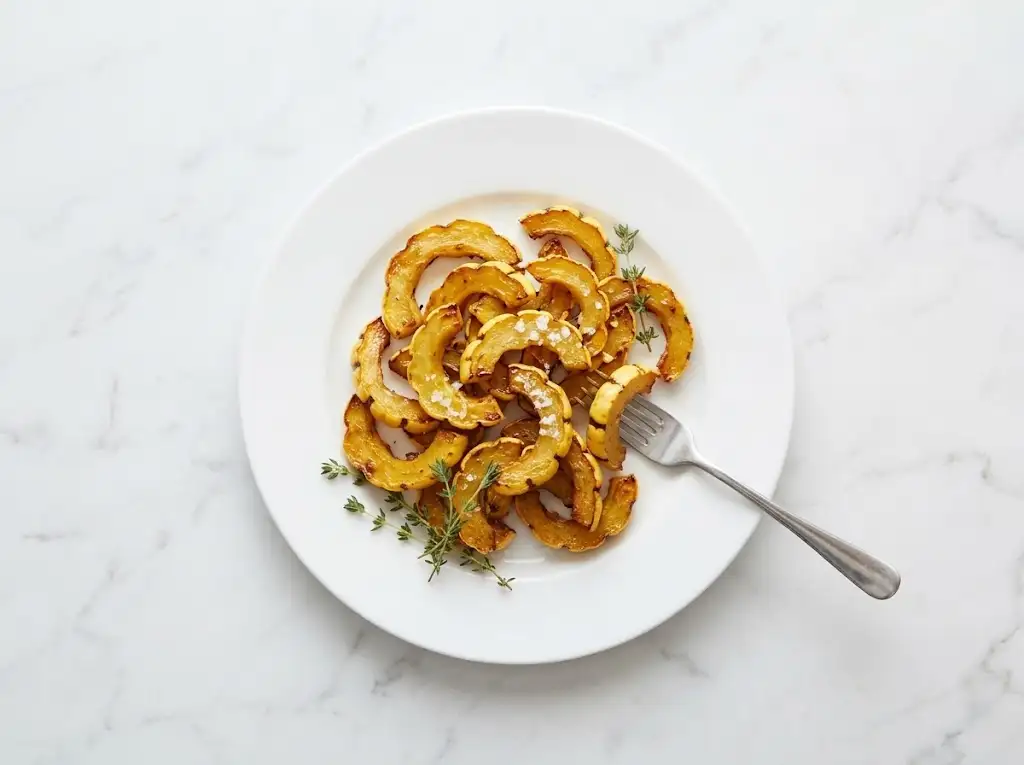 step4 Air Fryer Delicata Squash Golden brown and crispy air fryer delicata squash served on a white plate with fresh herbs.
