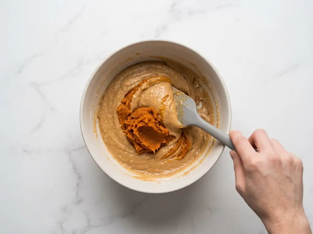 Mixing melted butter, sugar, and pumpkin puree for pumpkin chocolate chip cookie dough