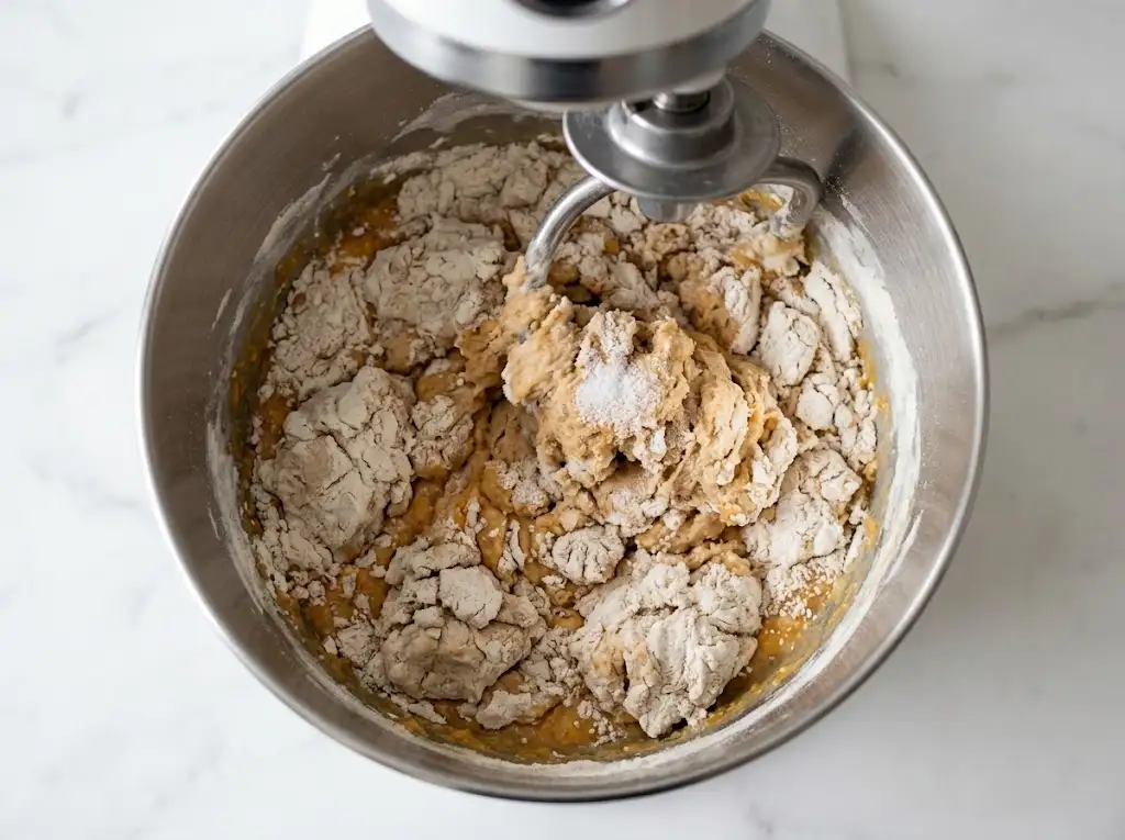 step4 Sourdough Pumpkin Cinnamon Rolls Incorporating dry flour into the wet mixture for sourdough pumpkin cinnamon rolls dough in a mixer.