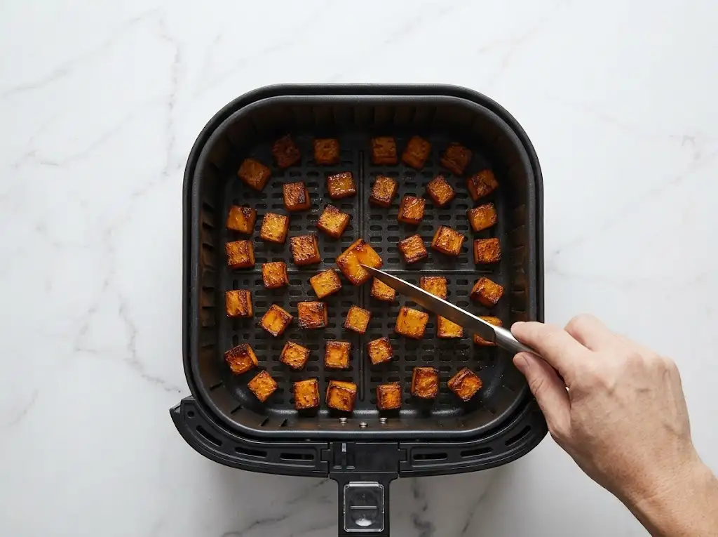 Testing the tenderness of freshly cooked air fryer butternut squash with a knife
