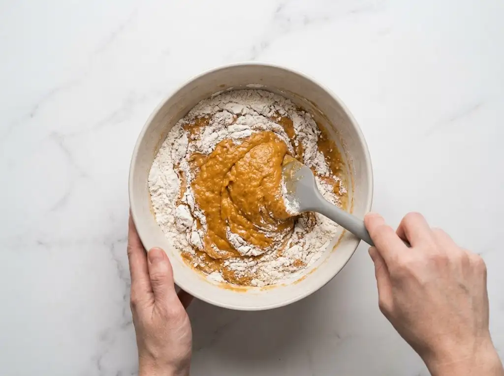 Folding the dry ingredients into the wet pumpkin chocolate chip cookie dough