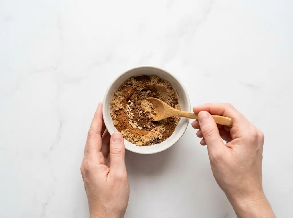 Hands mixing brown sugar and spice filling for pumpkin cinnamon rolls with a wooden spoon.