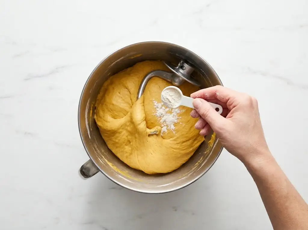 step5 Sourdough Pumpkin Cinnamon Rolls Sourdough pumpkin cinnamon rolls dough being kneaded in a stand mixer with a dough hook.