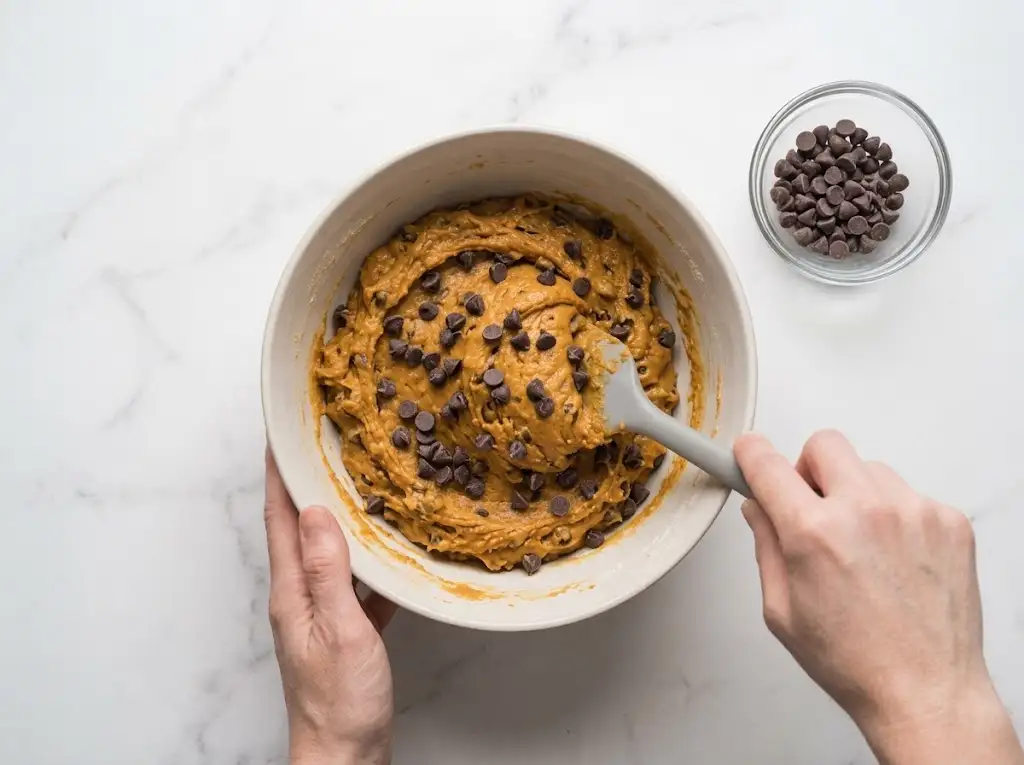Mixing semi-sweet chocolate chips into the pumpkin chocolate chip cookie dough