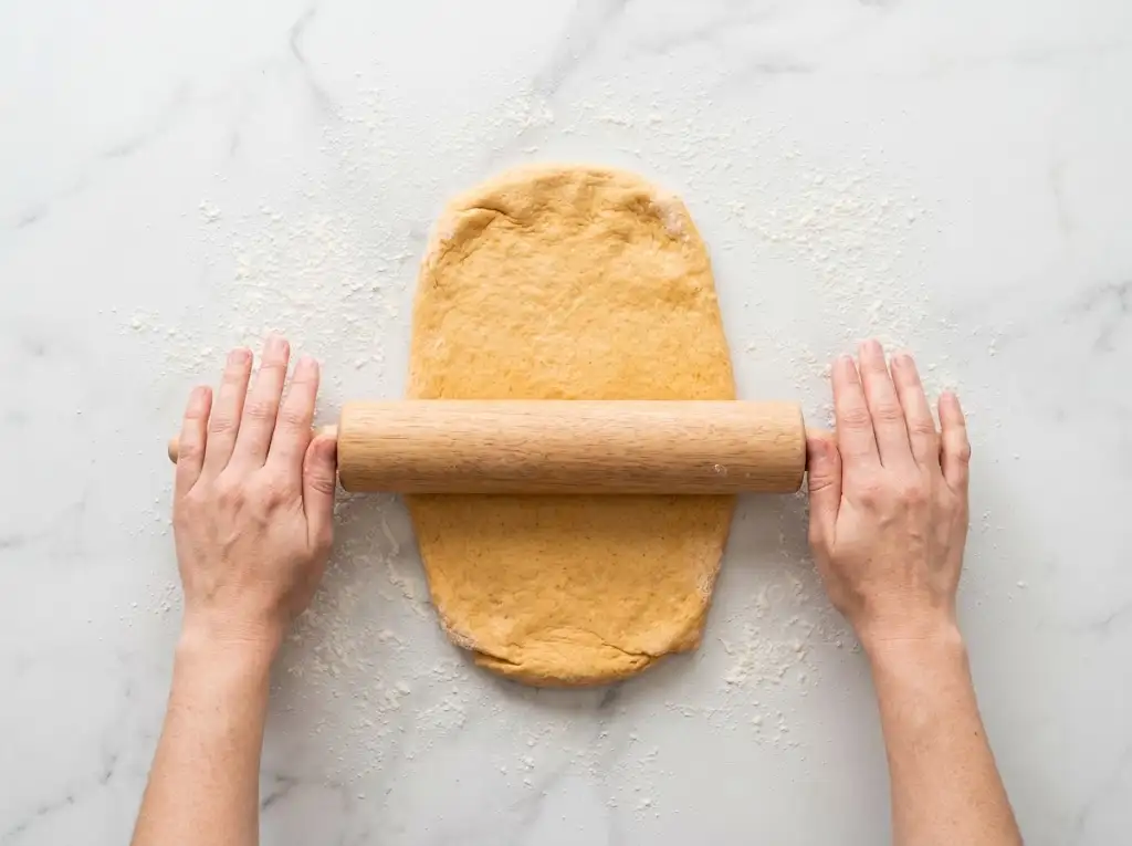 Rolling out the pumpkin cinnamon roll dough into a large rectangle with a wooden rolling pin.