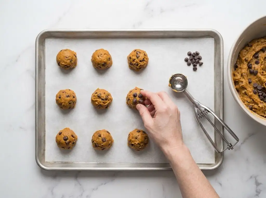 Scooped pumpkin chocolate chip cookie dough balls topped with chocolate chips on a baking sheet