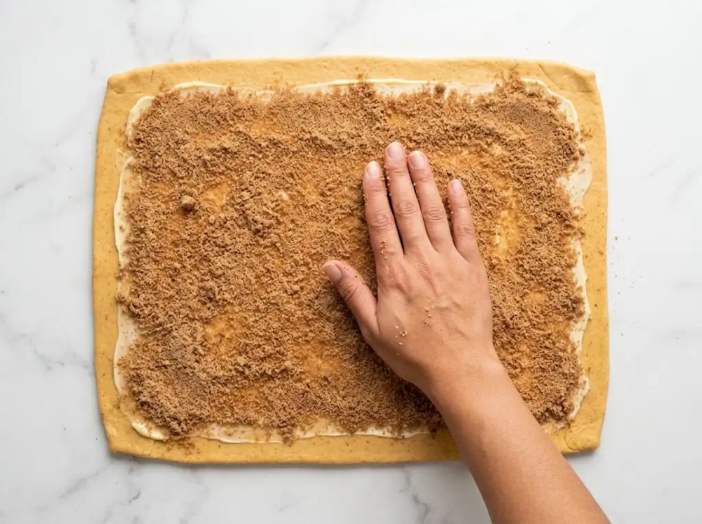 Spreading the brown sugar and spice filling evenly over the rolled-out pumpkin cinnamon roll dough.