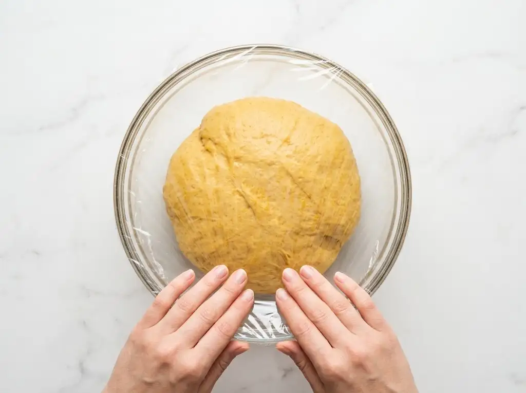 step7 Sourdough Pumpkin Cinnamon Rolls Sourdough pumpkin cinnamon rolls dough placed in a clear glass bowl for bulk fermentation rise.