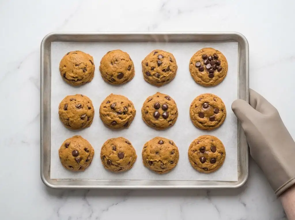 Freshly baked pumpkin chocolate chip cookies resting on a baking sheet