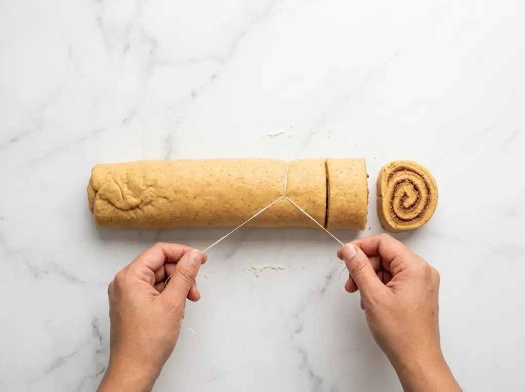 Cutting the pumpkin cinnamon rolls log into even pieces using dental floss.