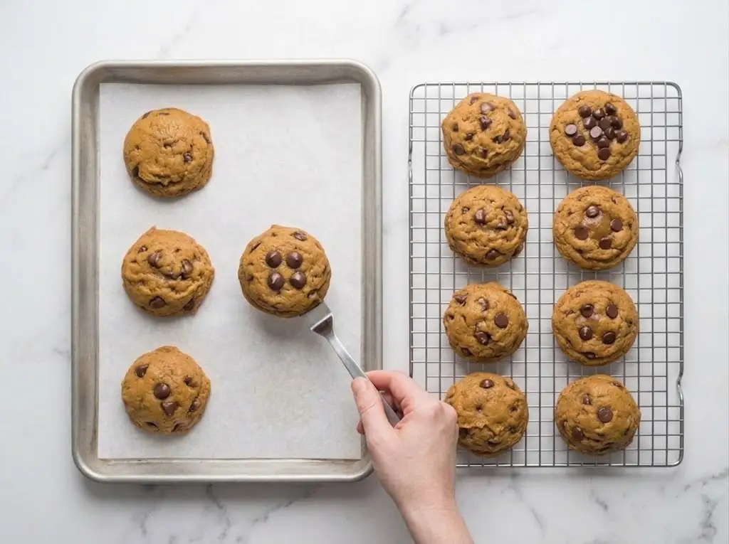 Transferring warm pumpkin chocolate chip cookies from a baking pan to a wire cooling rack