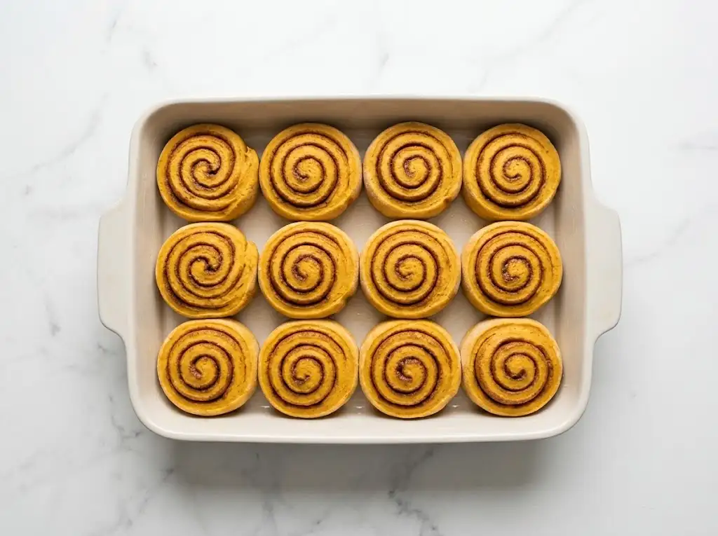 Placing cut pumpkin cinnamon rolls into a ceramic baking dish for baking.