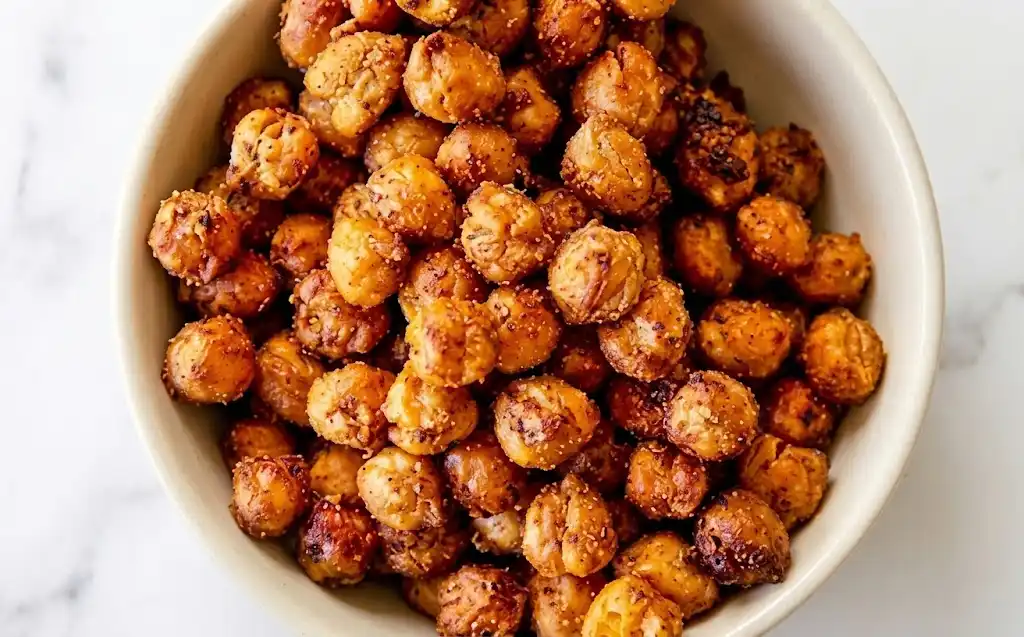 the end looks Air Fryer Chickpeas result A small white bowl full of perfectly roasted, crunchy air fryer chickpeas resting on a clean white marble countertop.