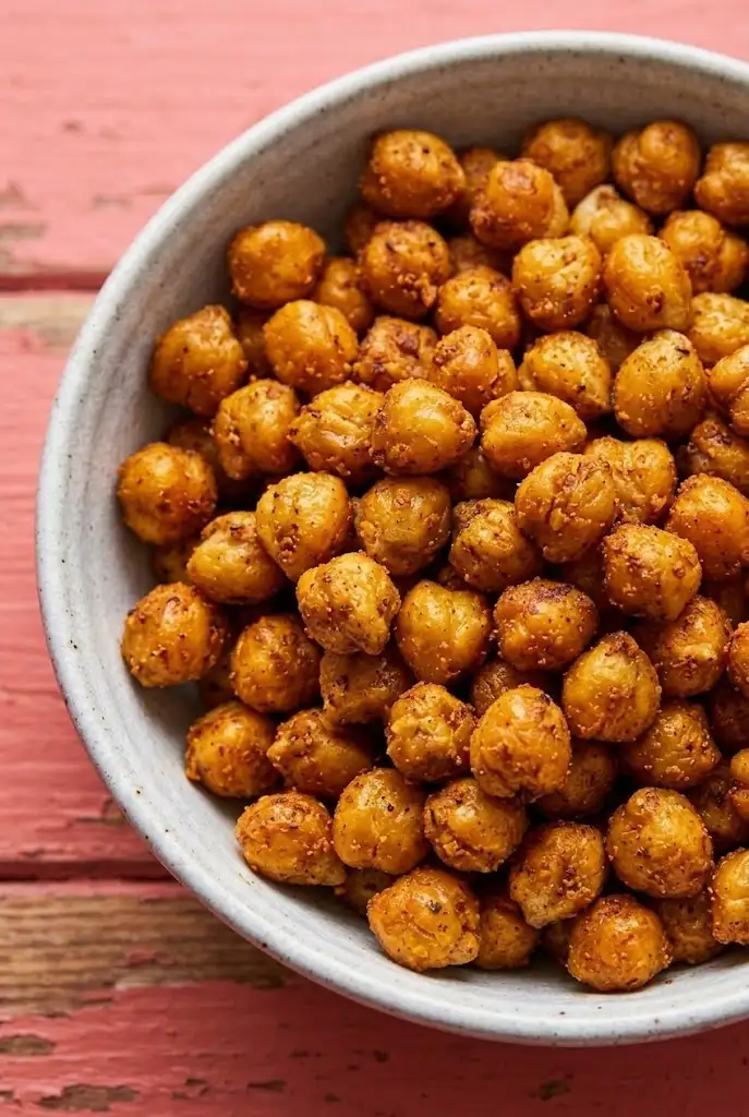 zoomed Air Fryer Chickpeas Extreme close-up of crunchy air fryer chickpeas showing the toasted spice coating, served in a grey ceramic bowl.
